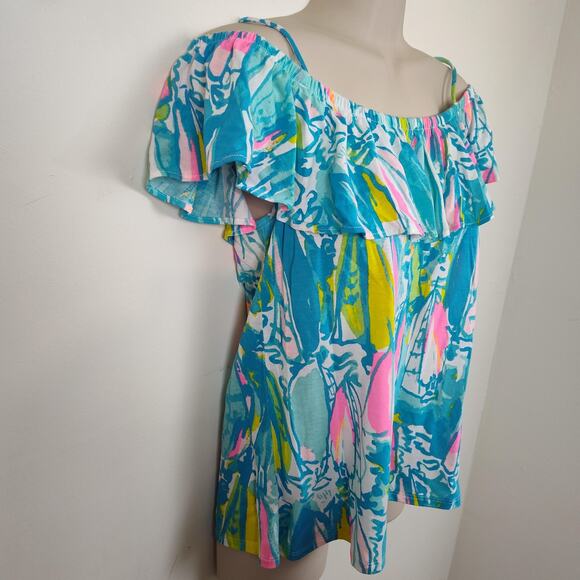 Lilly Pulitzer Top Womens XXS Blue Pink Off Shoulder Ruffle Surfboard Print Boho - Picture 7 of 16
